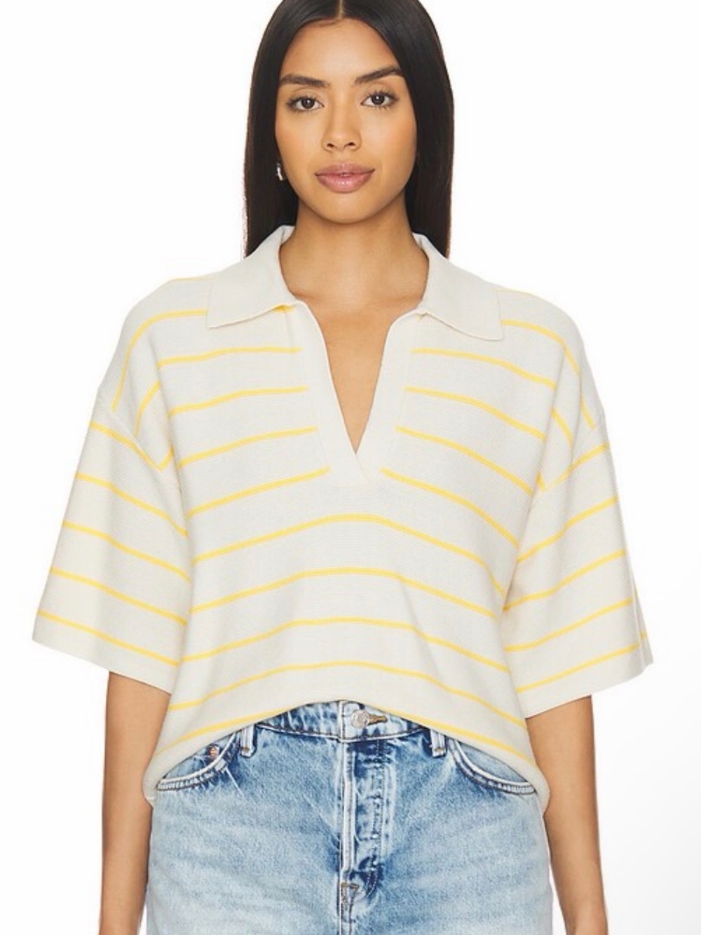 pistola Cream & Yellow Striped Collared V-Neck Crop Top